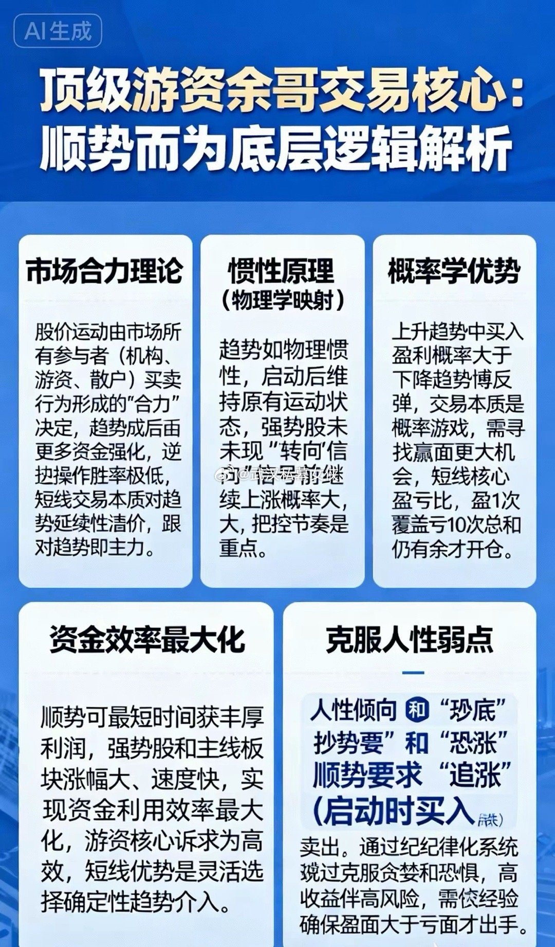短线就一句话，从2万到10亿，顶级游资余哥的交易核心就四个字：顺势而为。它的底层
