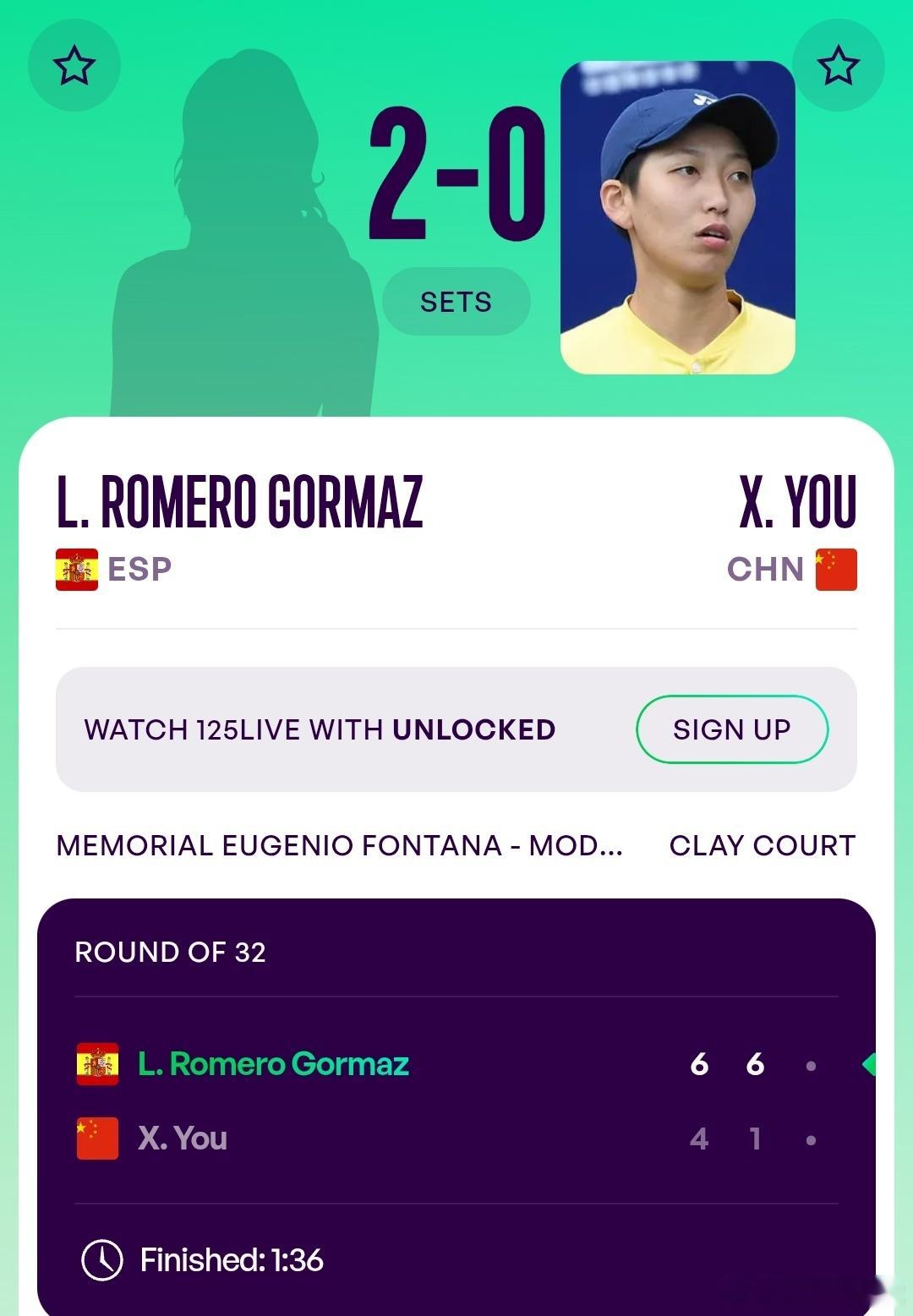 WTA125摩德纳站🇮🇹女单第1轮尤晓迪🇨🇳4-6/1-6不敌戈尔马斯?