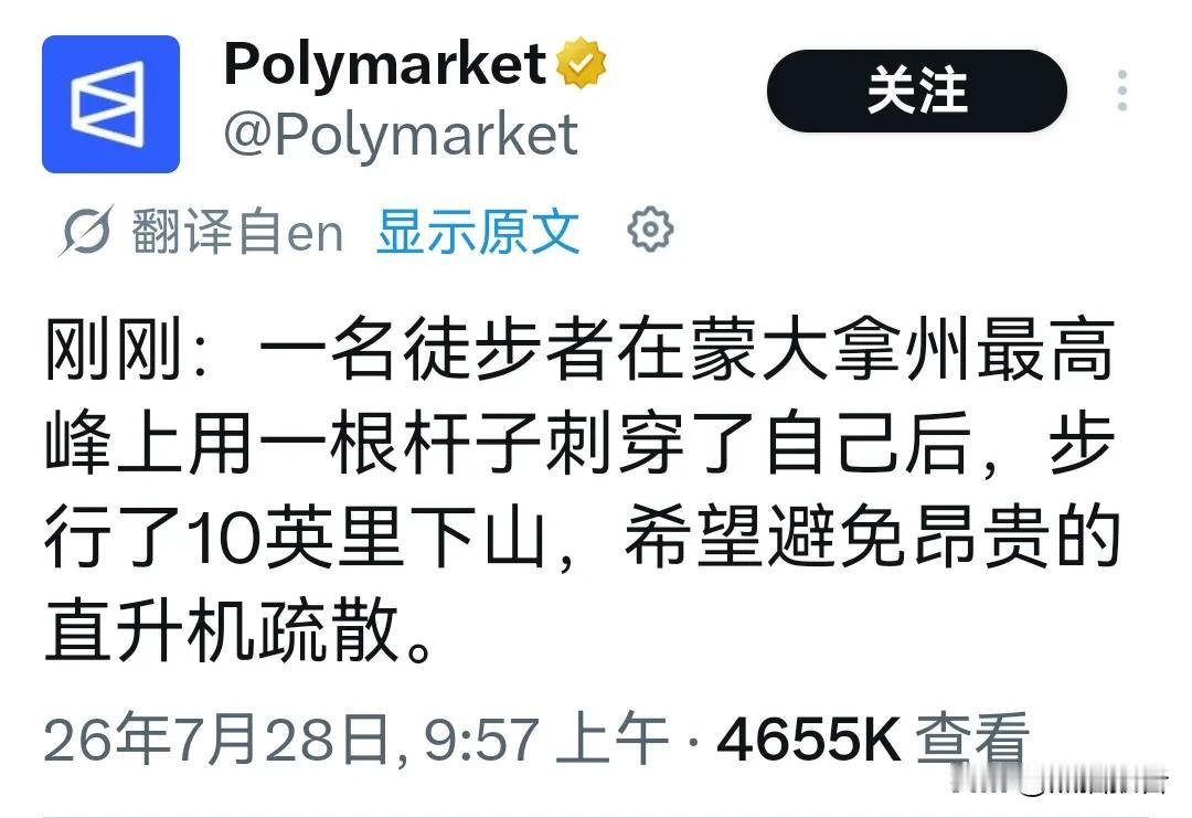 一副图概括美国“医疗体系”。男子徒步碰到意外，身体遭登山杖刺穿。直升机救