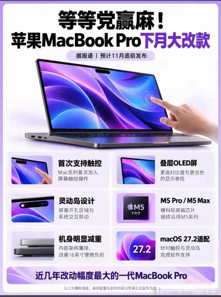 苹果新款MacBookPro官方参数曝光:M5系列芯片+支持触控+灵动岛。​