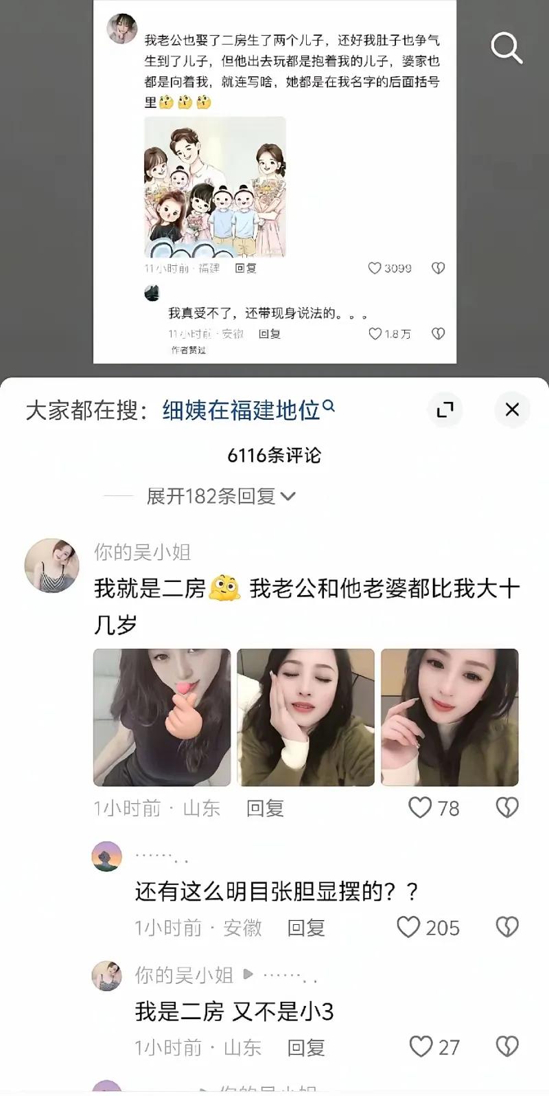 这张截图是社交平台的评论区内容，是网友围绕违背现行婚姻法的纳妾、二房陋习的不当发