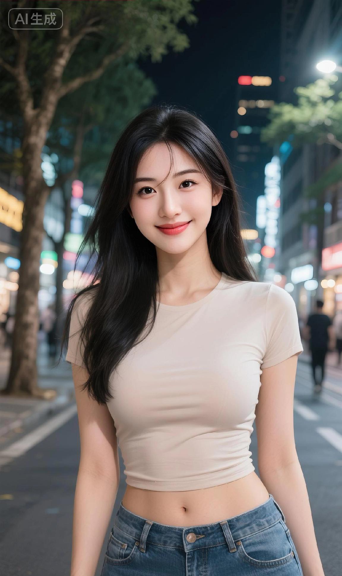 🌃当都市夜色遇上简约穿搭，浅米短T配修身牛仔也太有氛围感了！把日常穿得随性又吸