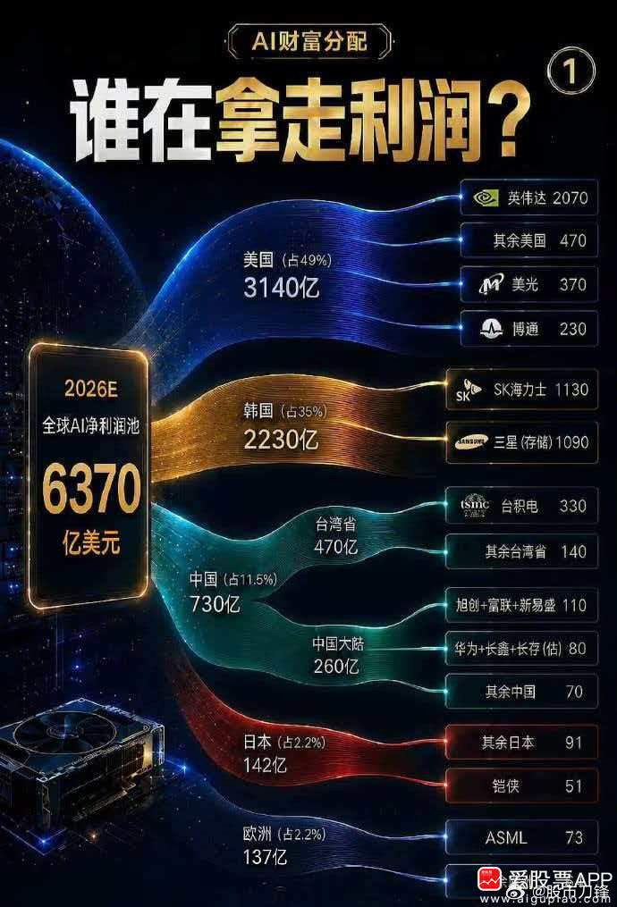 看到一个统计，2026年全球AI利润分配：总共6370亿美元，美国占49%、韩国
