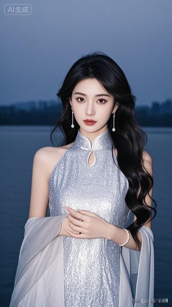 一位穿旗袍的女士在湖边拍照。