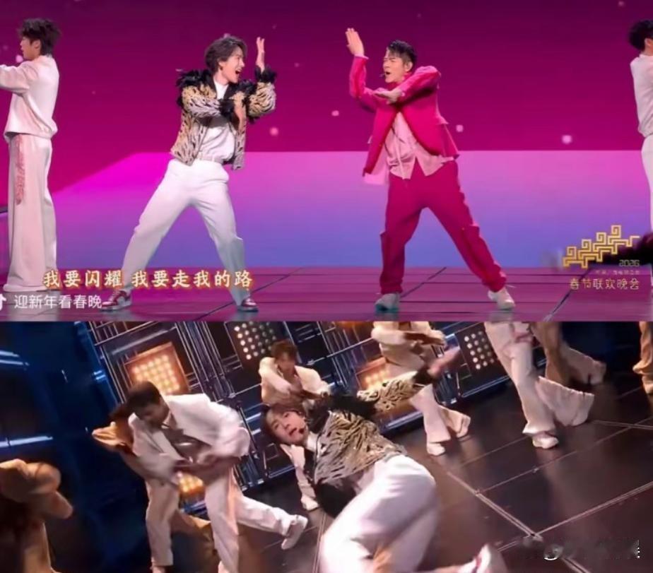 60岁的郭富城跳完舞不喘气，27岁的王一博跳完舞喘得厉害。春晚的舞台灯光暗下去