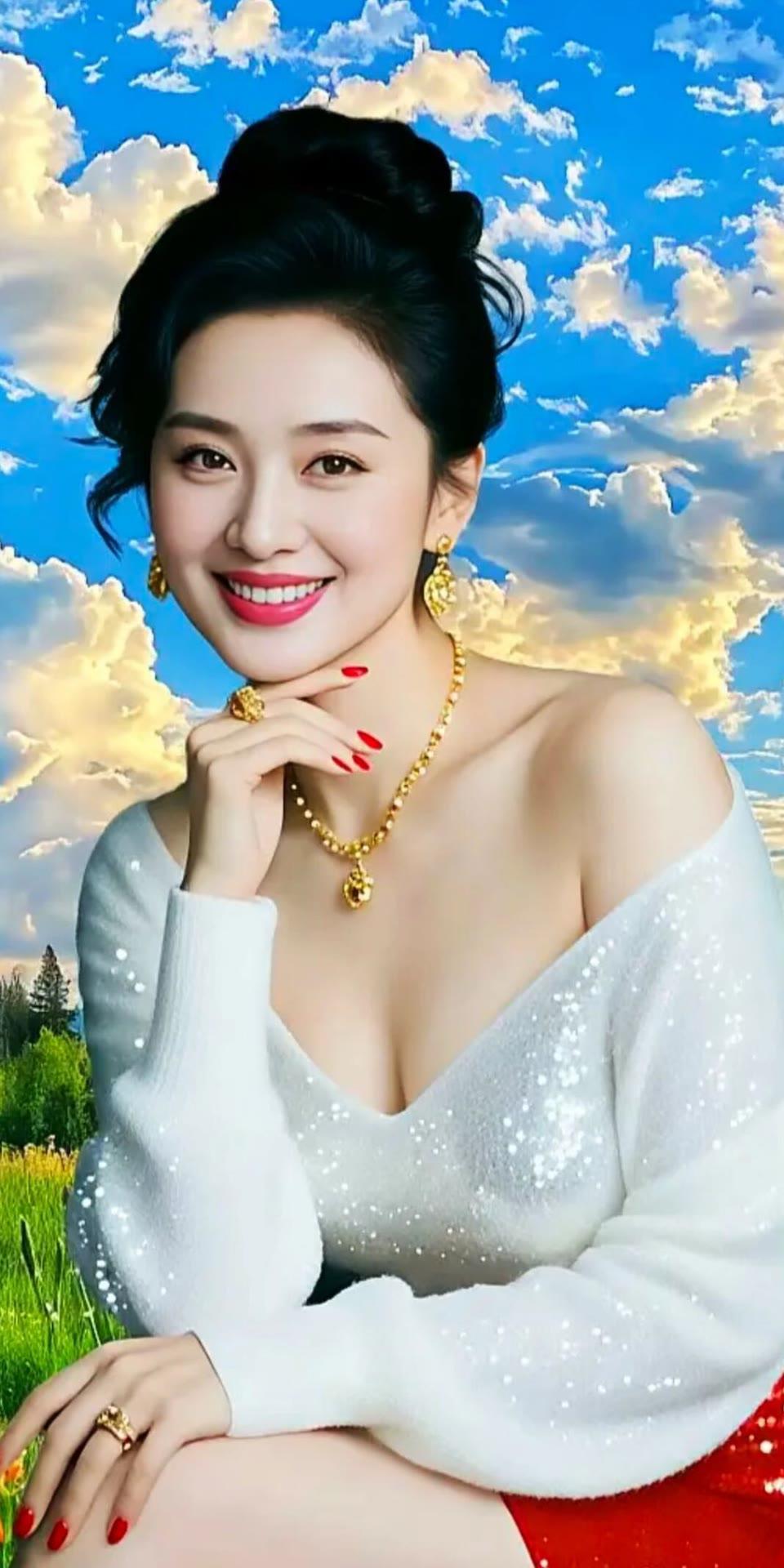 甜美笑容，闪耀耳环，白色毛衣，红裙飘逸，蓝天白云，自然美景，完美搭配，时尚优雅。