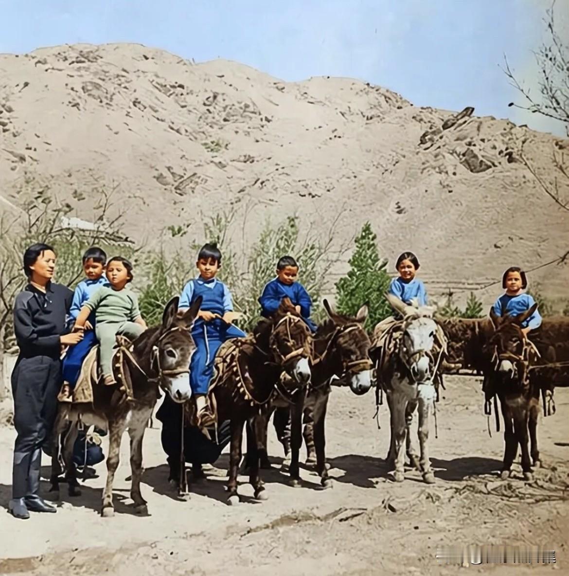 1936年，北京香山，林徽因带孩子们骑驴，左起：梁从诫（林徽因的儿子）、吴荔明（