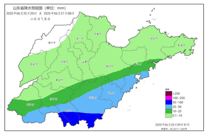 今夜到明夜山东有较明显降雨过程, 局部有8~10级雷雨阵风