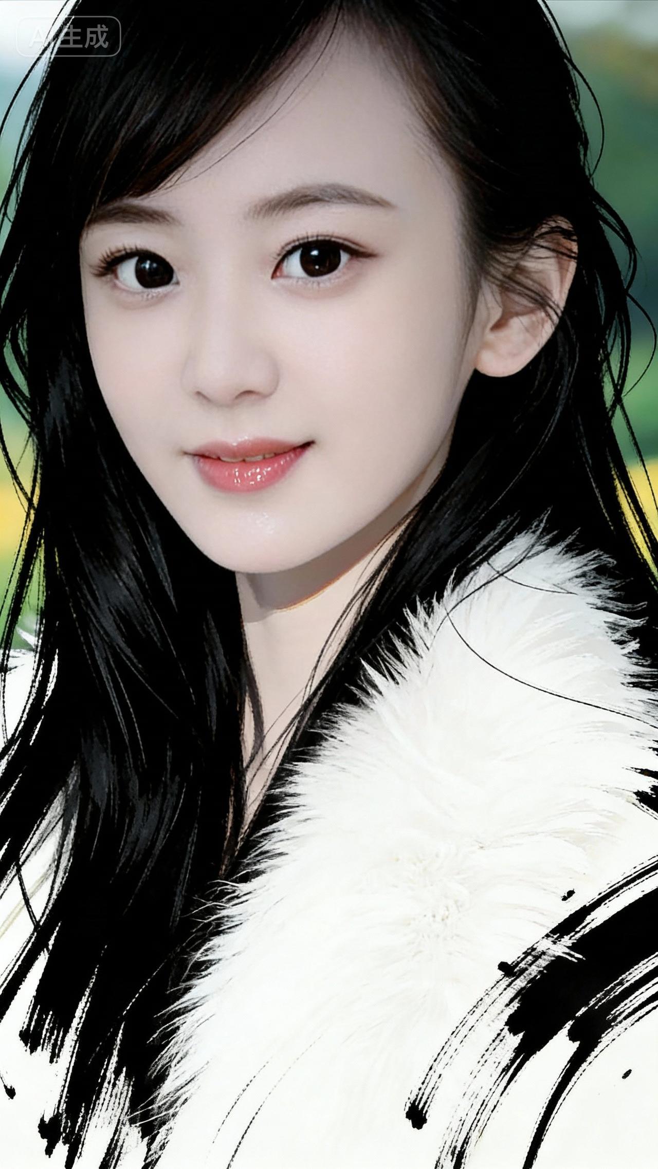 黑色垂坠柔顺长发，蓬松自然，冷白皮，极致的妆容，水润滑嫩，油亮丰盈嘴唇