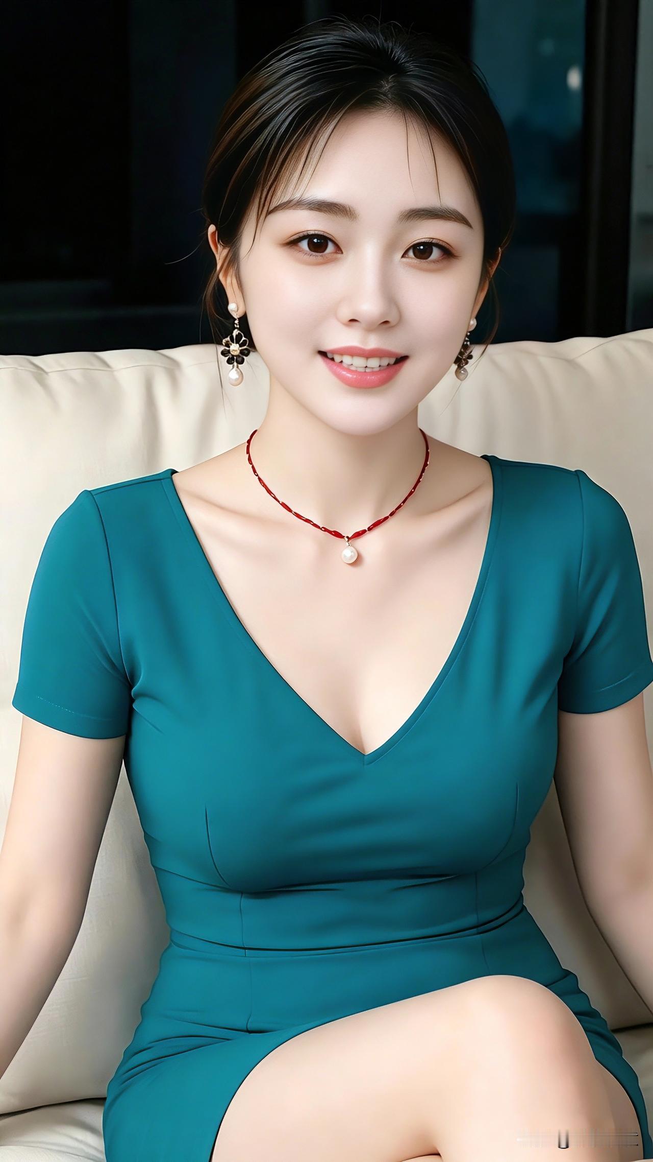 今天穿了一件简单又时尚的湖蓝色V领连衣裙，简约短袖剪裁勾勒出柔和的线条，质感高级