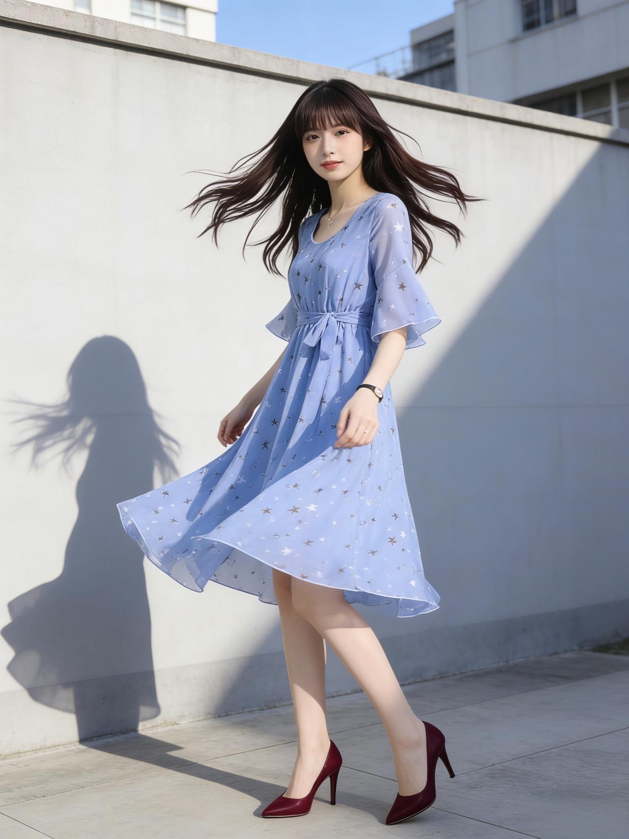 轻盈飘逸的蓝裙，搭配红高跟鞋，甜美又优雅！女生怎么穿搭会看上去很优雅淡雅蓝裙照