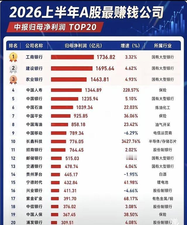 2026年上半年，A股最赚钱的企业前二十名榜单一出来，很多老股民都摇头笑了——