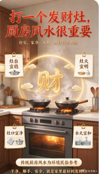 打一个发财灶，厨房风水很重要玄灵道人道家文化厨房风水”不是摆件问题，先看灶台、水槽、冰箱和日常开火。