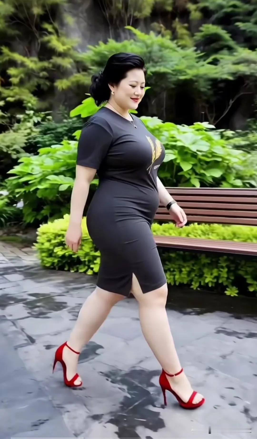 七律·步履安然闲行林径晚风柔，浅笑从容自在游。一袭青衣藏雅韵，双履红