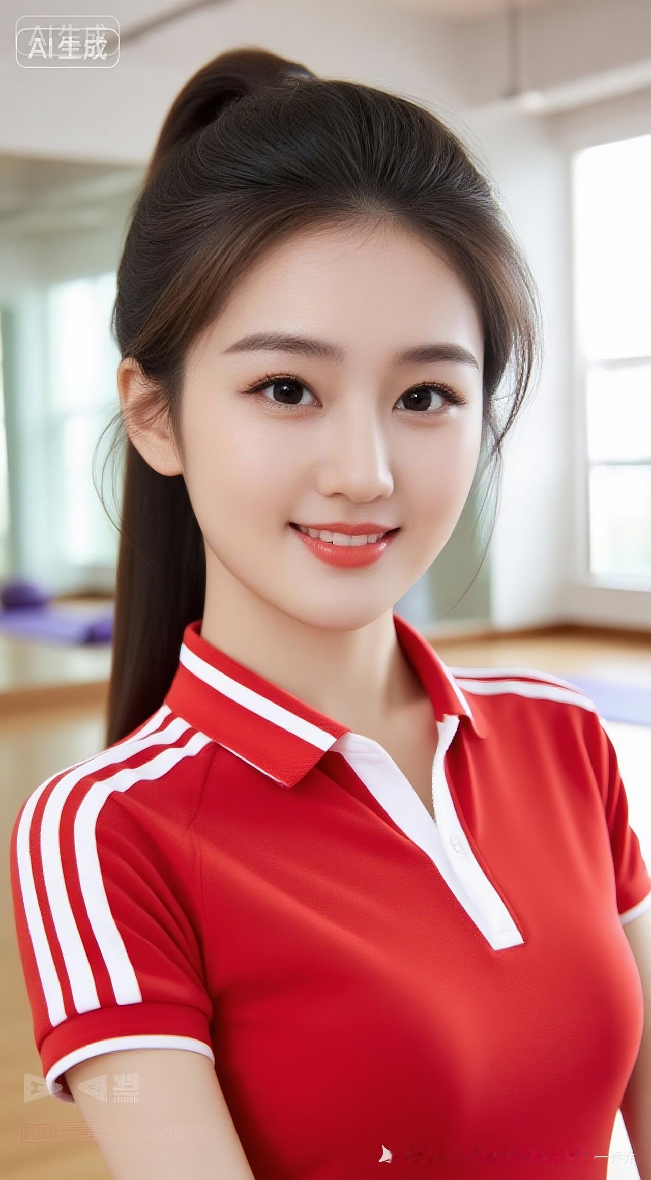 年轻美女身着红色白杠翻领运动服，领口自然敞开，长发柔顺垂落。身处清新明亮的瑜伽馆