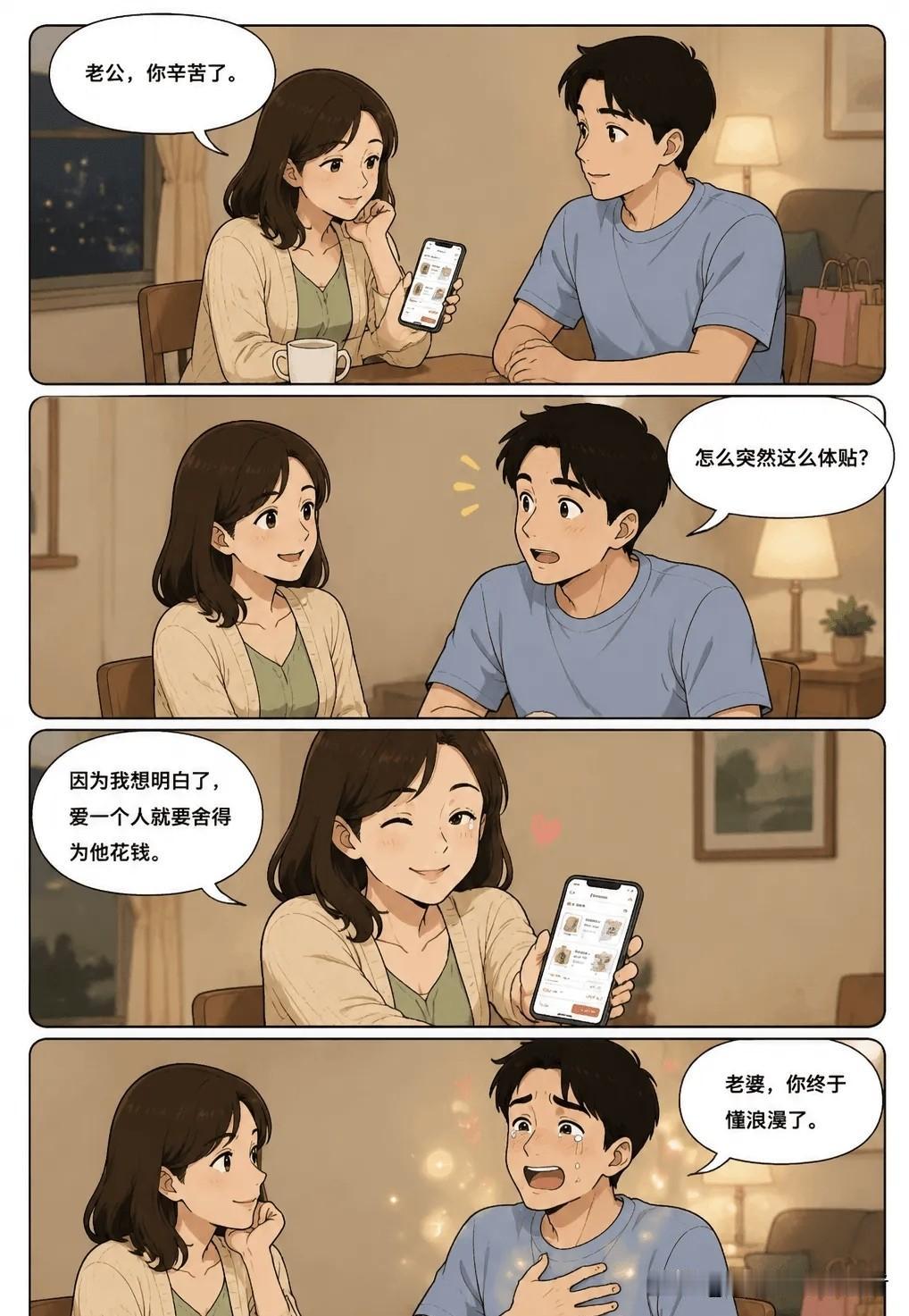趣味漫画：老婆看着账单，突然很温柔地对老公说：“老公，你辛苦了。”老公一脸感动：