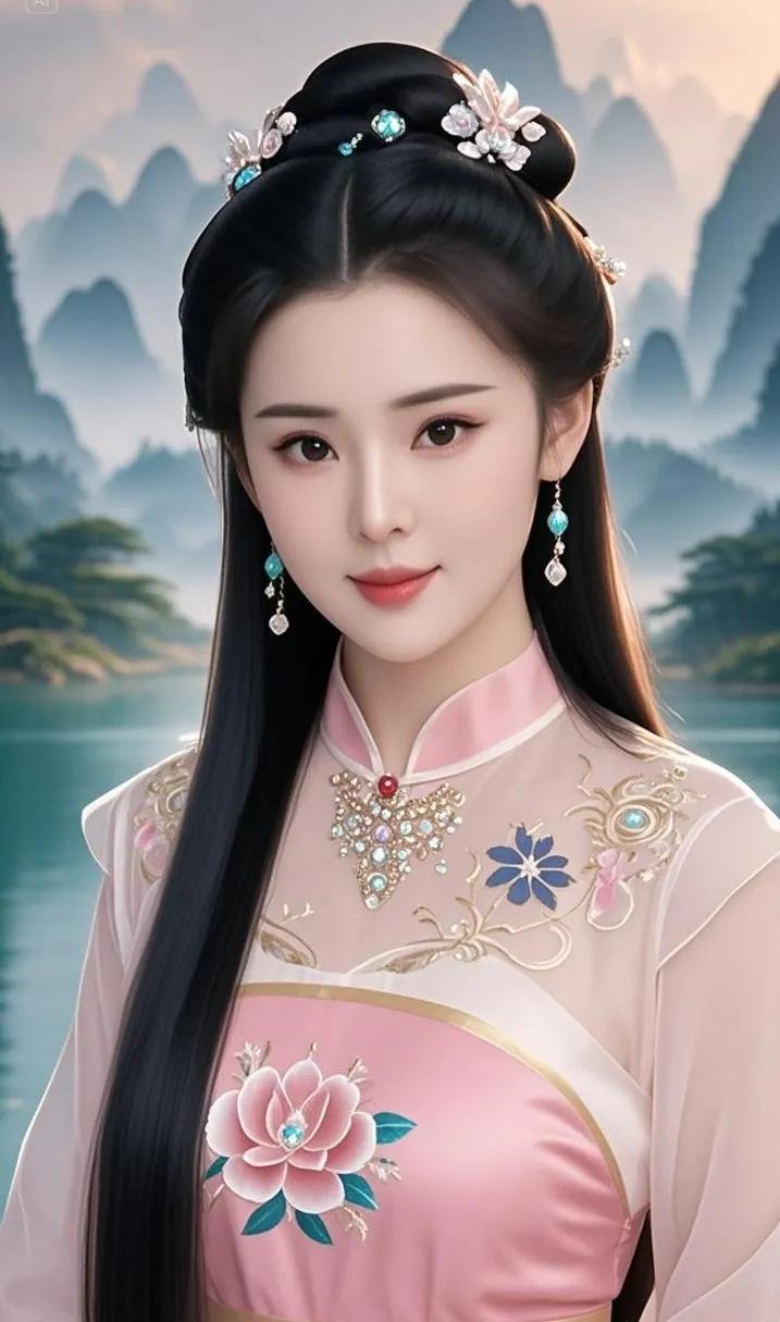 仙气飘飘的汉服美人，置身山水之间，宛如画中仙子国风古代美人温婉国风美人墨风汉