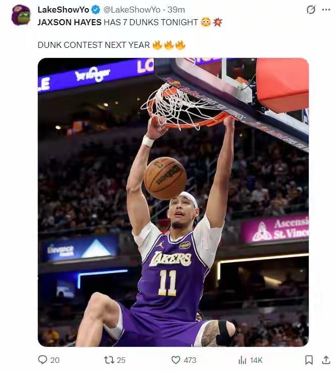 艾顿缺战，他撑起湖人一片天！湖人对阵步行者，首发中锋艾顿因伤缺阵，海耶斯临危受