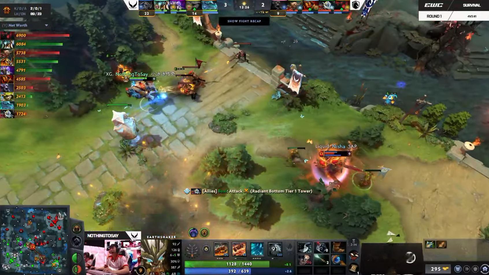 DOTA22026年EWC（石油杯）突围赛第一轮液体对阵XG战队BO3第一局，