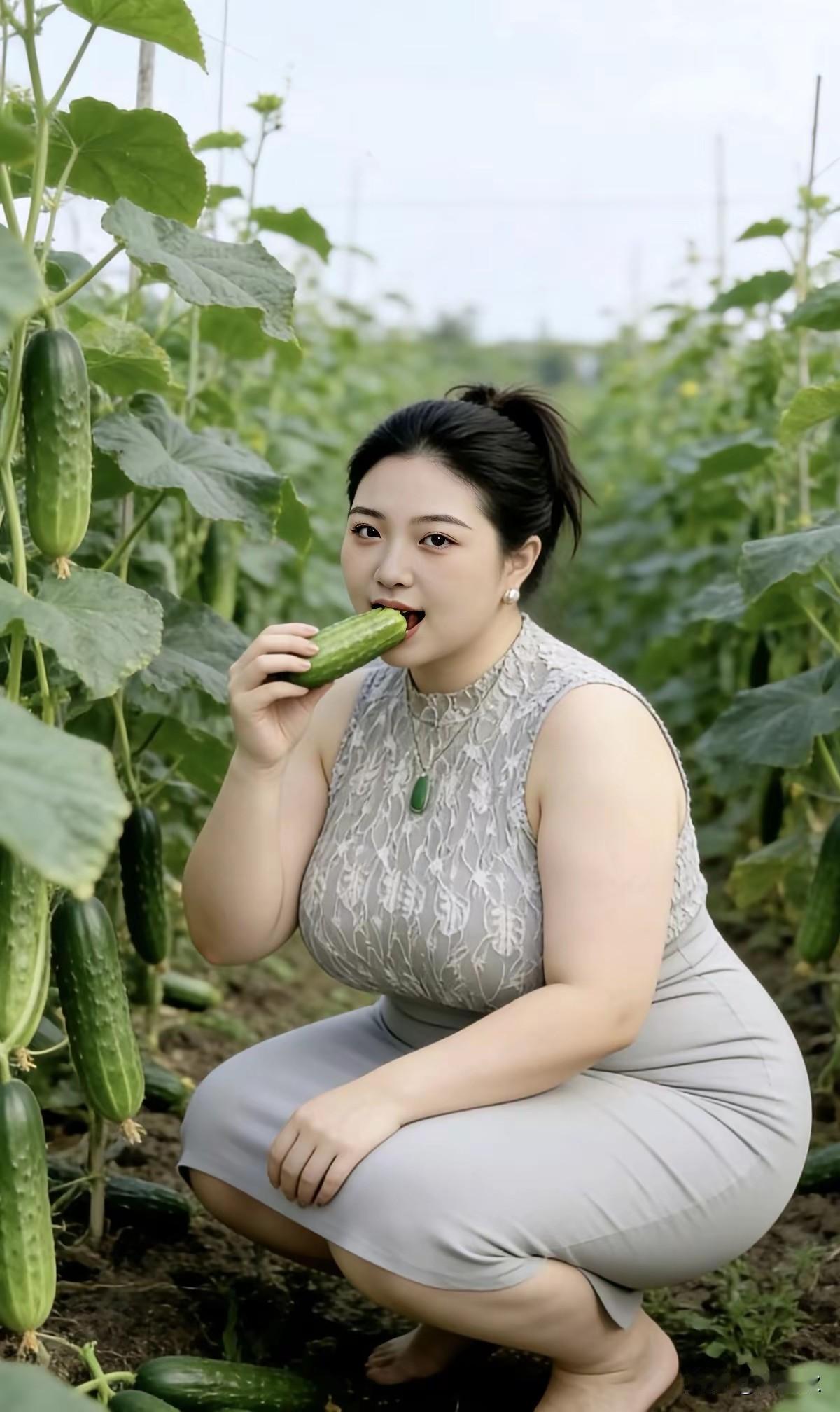摘下一根嫩黄瓜，只是用手擦了擦。直接生吃咬一口，清香甜脆味沙拉。