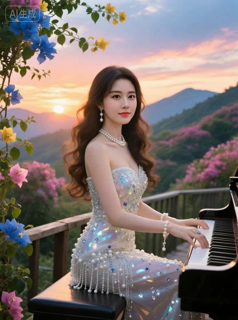 七绝●锦绣山川/古韵风吹岭静妹弹琴，日落霞飘发染金。叠翠层峦皆画卷