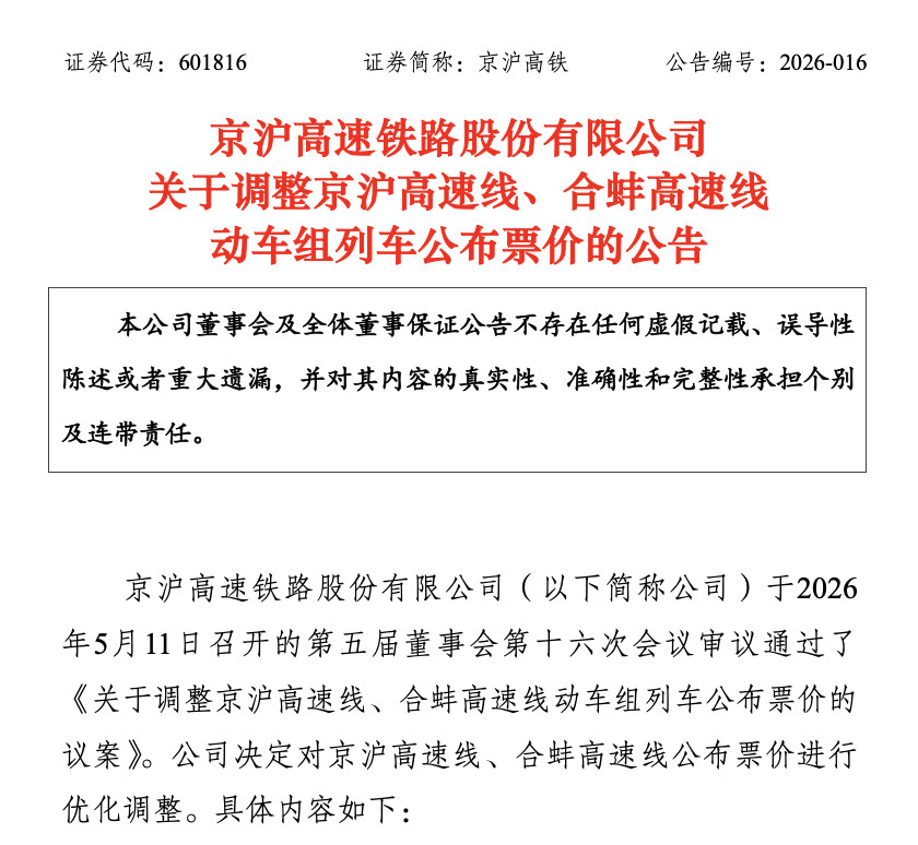 京沪高铁部分动车组列车涨价20%火车票涨价京沪高铁二等座最高662块，要涨到79