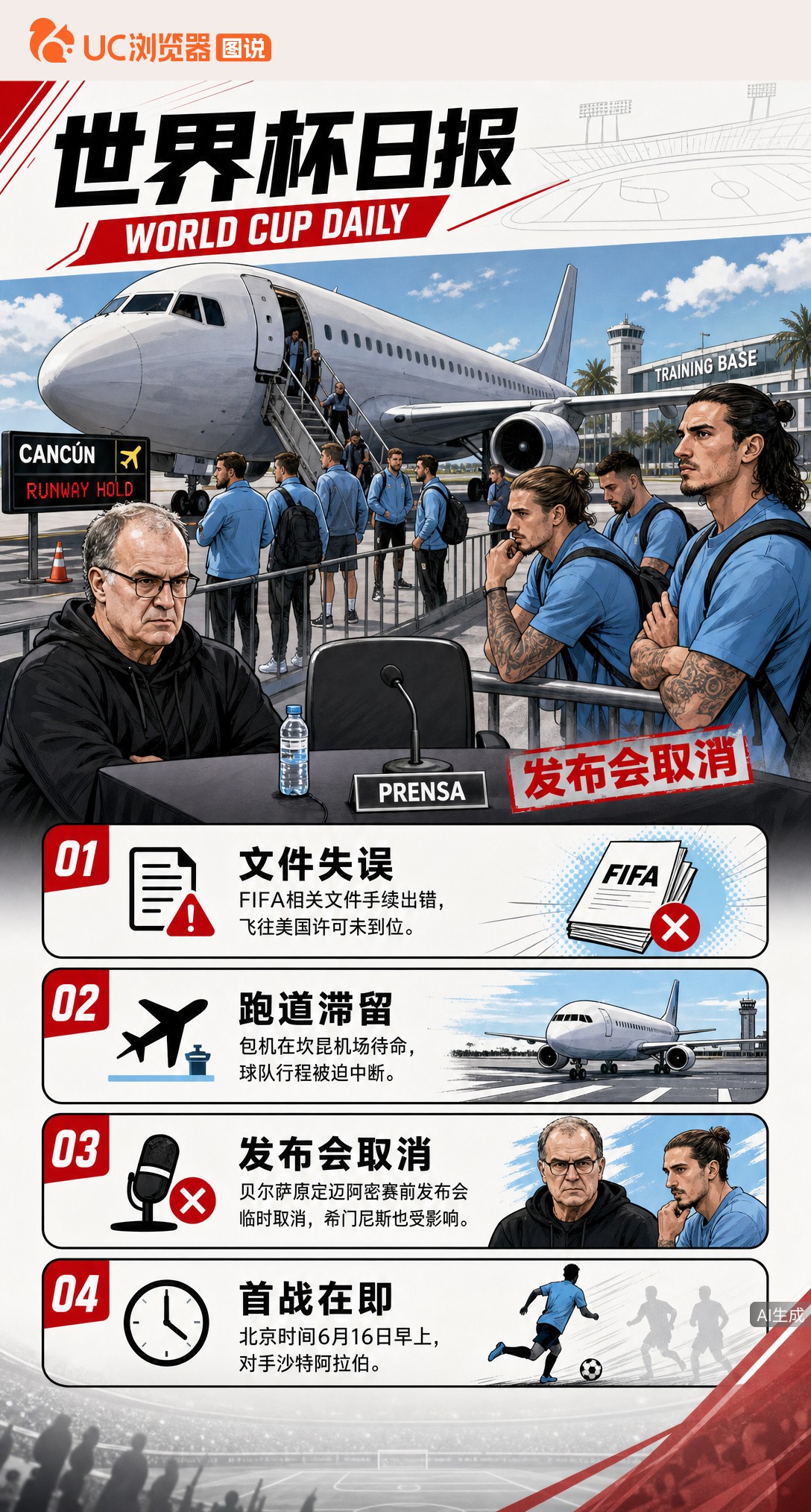 包机困在跑道动弹不得！乌拉圭赴美受挫，贝尔萨发布会被迫取消