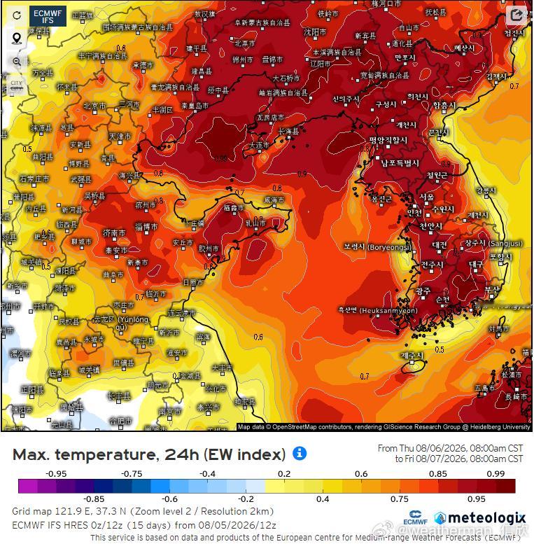 【高温】今天的实况天气图上，副热带高压的592线，控制了辽东半岛到日本海一带。今