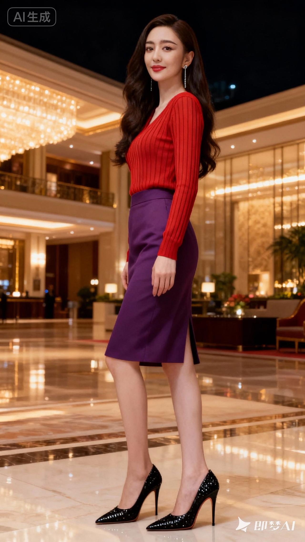 优雅红衣配紫色裙，闪耀高跟鞋，夜晚酒店里的时尚女王。