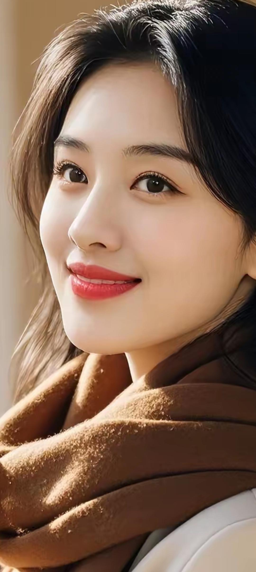 阳光下的温暖微笑，棕色围巾的温柔搭配