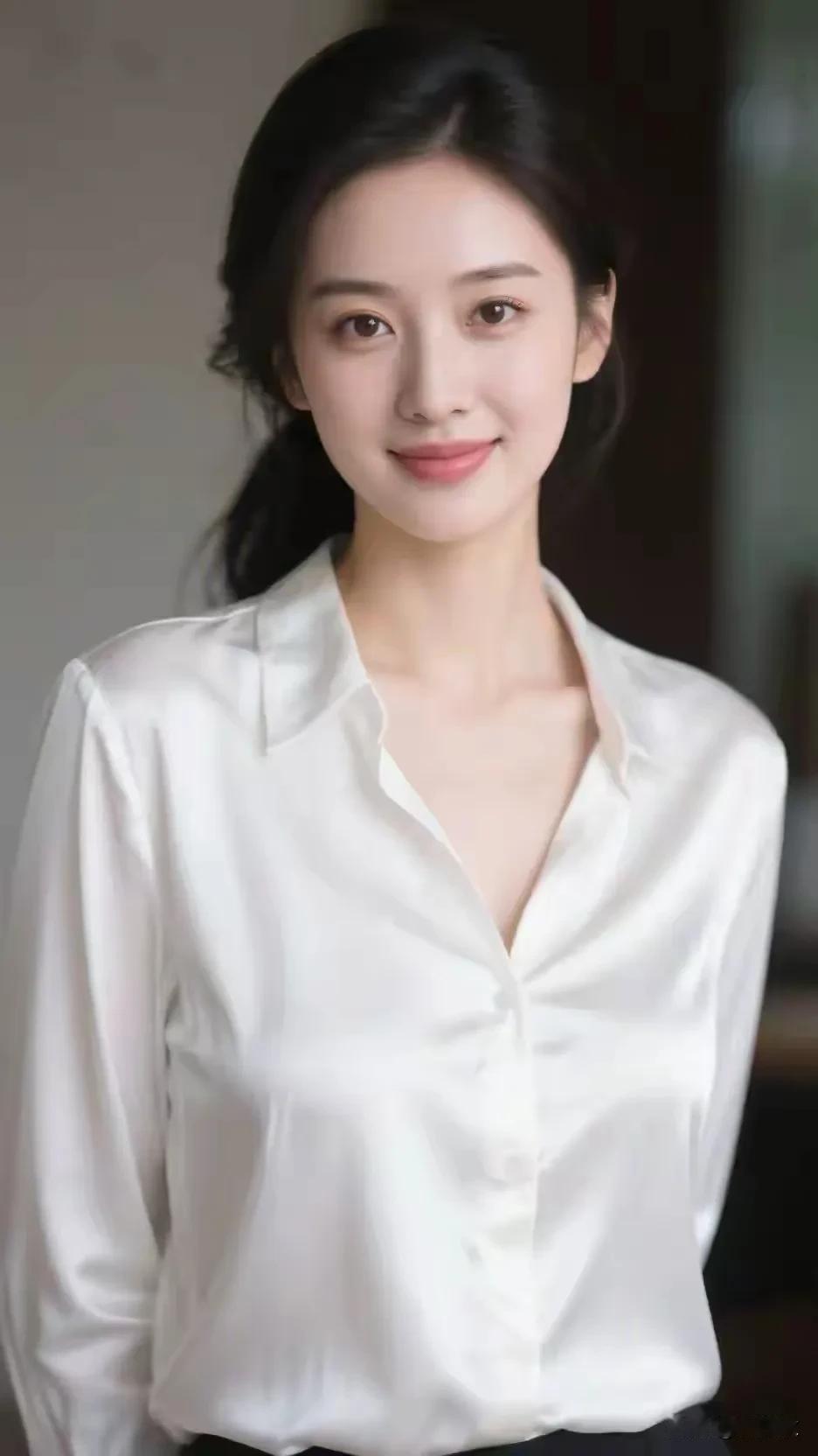 白缎衬衫，清冷氛围直接拉满，出水芙蓉天生丽质，冰肌玉骨明眸皓齿，婀娜多姿