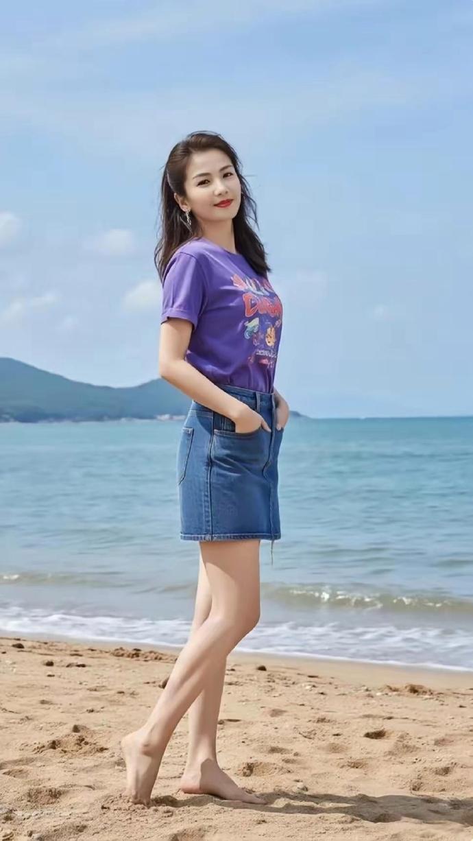 刘涛的海边照片是真的绝！不是精修！路人随手拍的视频里，她穿着普通T恤和牛仔裙，光