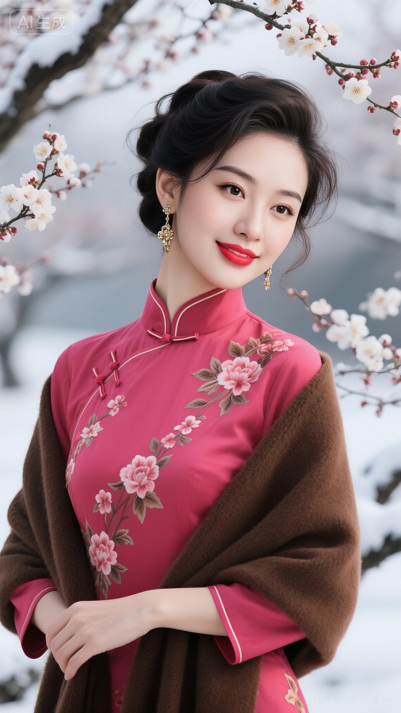 冬日雪景中的古典美人，红衣花影，韵味十足。