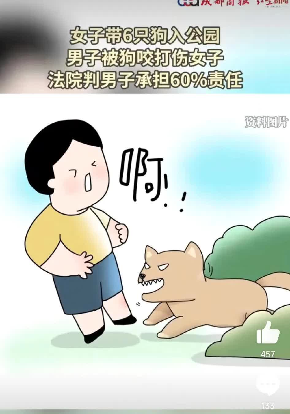 似乎又多了一条生财之道。女子带6只狗去公园玩，她的狗咬伤了在旁边打电话的