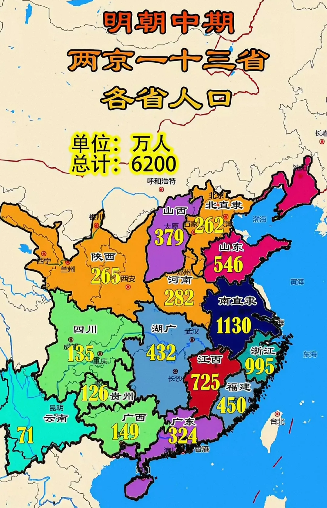 明朝南直隶人口最多，浙江、江西次之，贵州等地人口较少。