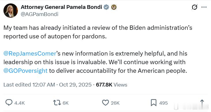 美国司法部长帕姆·邦迪：我的团队已经开始审查拜登政府据称使用自动签名机签发赦免的
