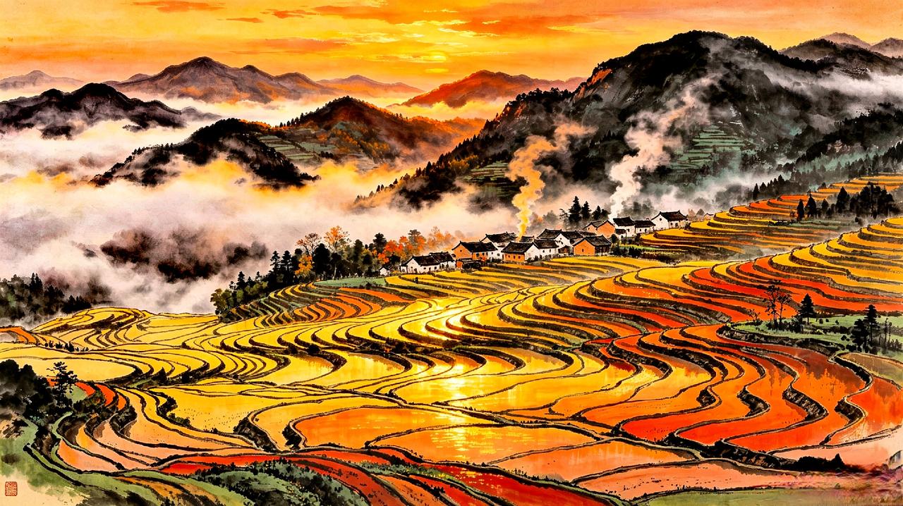 【原创作品】七绝•山乡晚照文/张和平四围峦嶂覆轻纱，十里梯田种