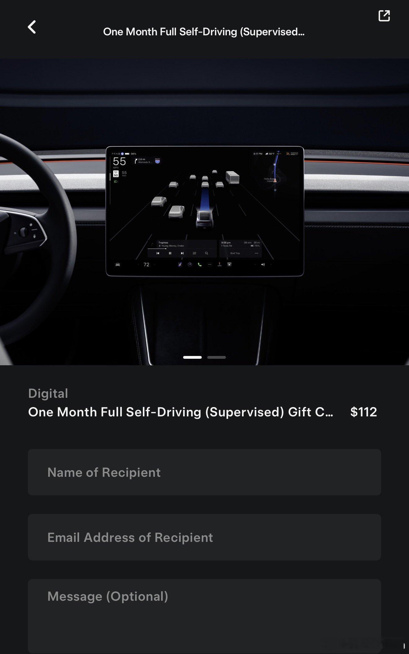 挺有意思的，特斯拉在美国上线了“一个月FSD礼品卡”，可以买来赠送给其他特斯拉车