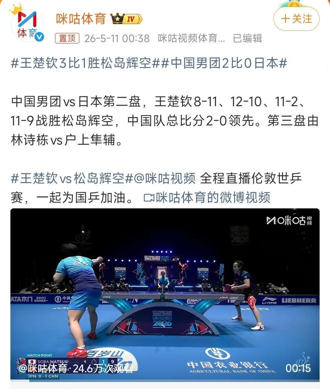 王楚钦26岁第一场胜利王楚钦26岁的第一次胜利好棒！