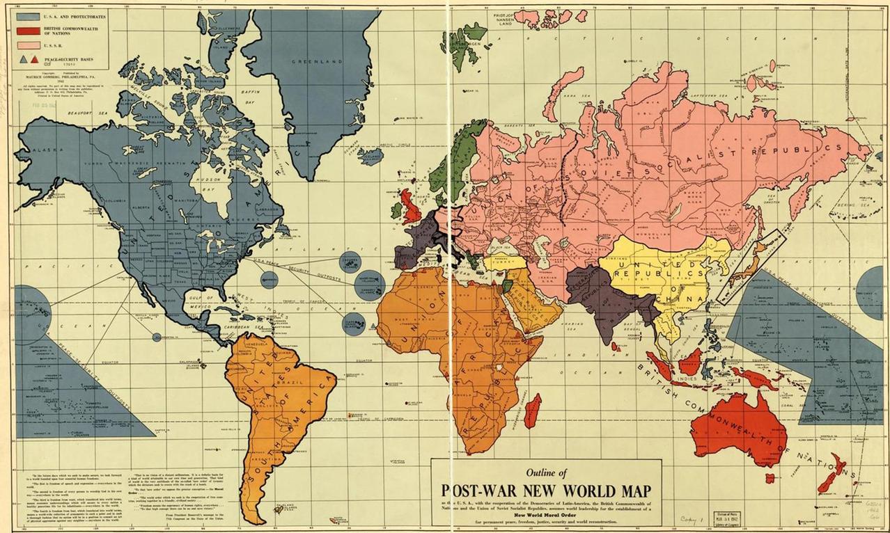 1942年欧美出版的战后新世界版图纲要，看起来我国的疆域范围包括朝鲜半岛、中南半