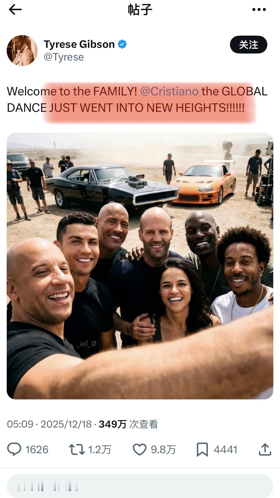 C罗将出演速度与激情速度与激情的演员Tyrese发帖欢迎罗加入这个大家庭（配图是