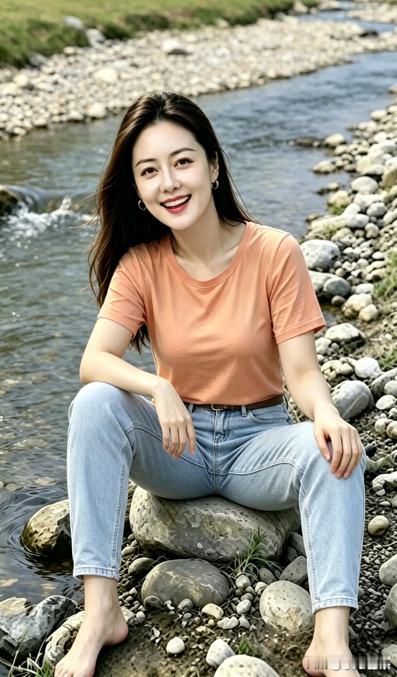 坐在河滩乱石上，感受流水带来的松弛感临时起意的短途出行，我驱车来到这条郊外