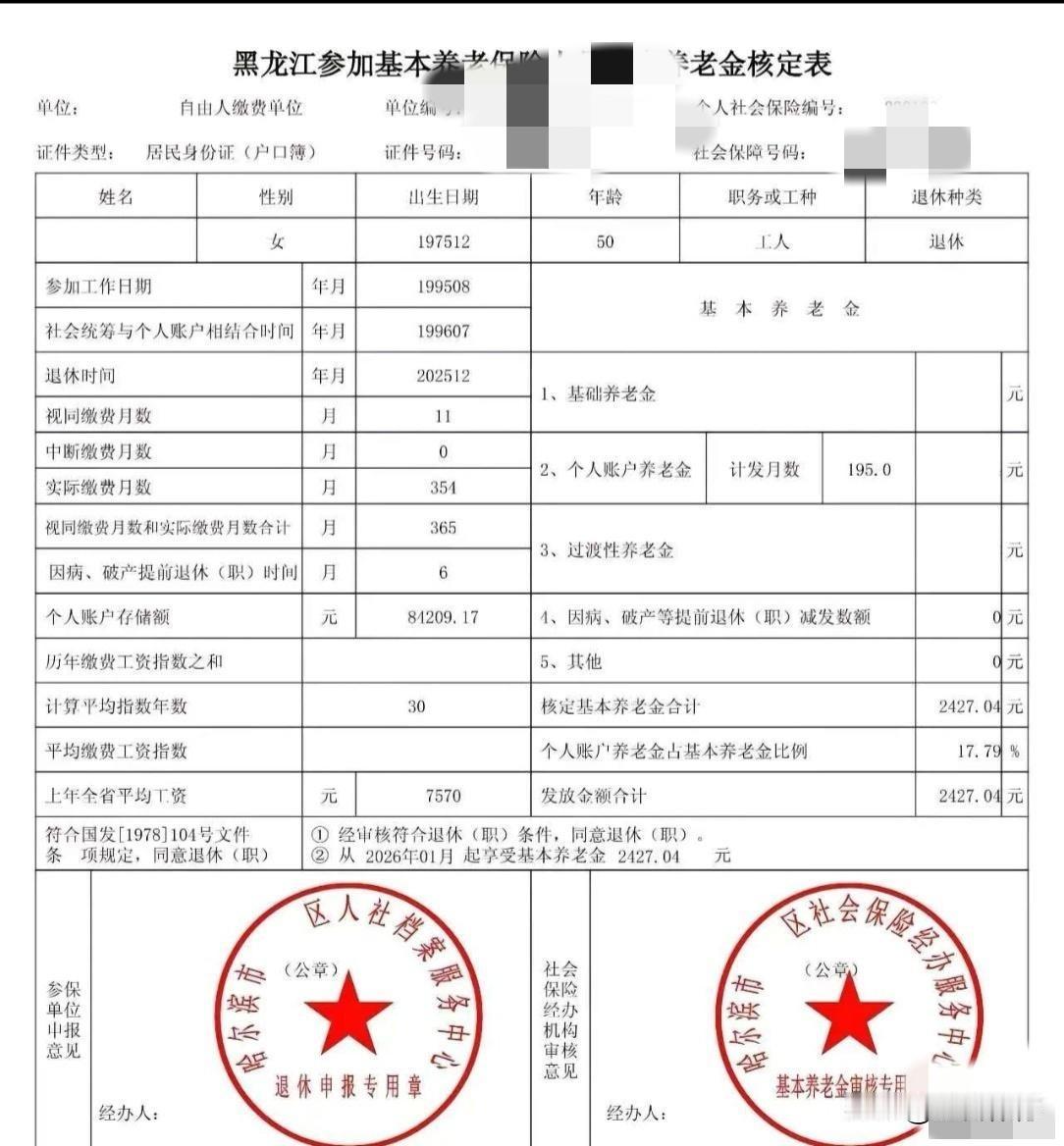 2427元，可以接受，但确实有些许遗憾首先明确结论：这份养老金待遇合法合规，