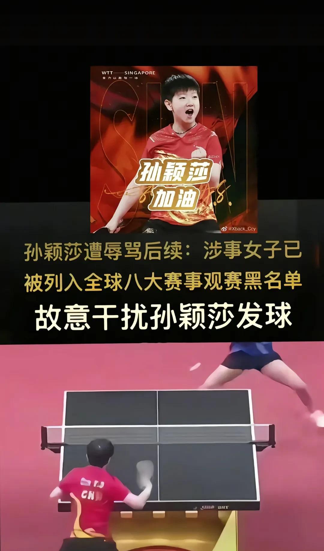 孙颖莎遭辱骂后续多哈女单决赛，干扰孙颖莎发球的涉事女子处罚如下:该女子被列入