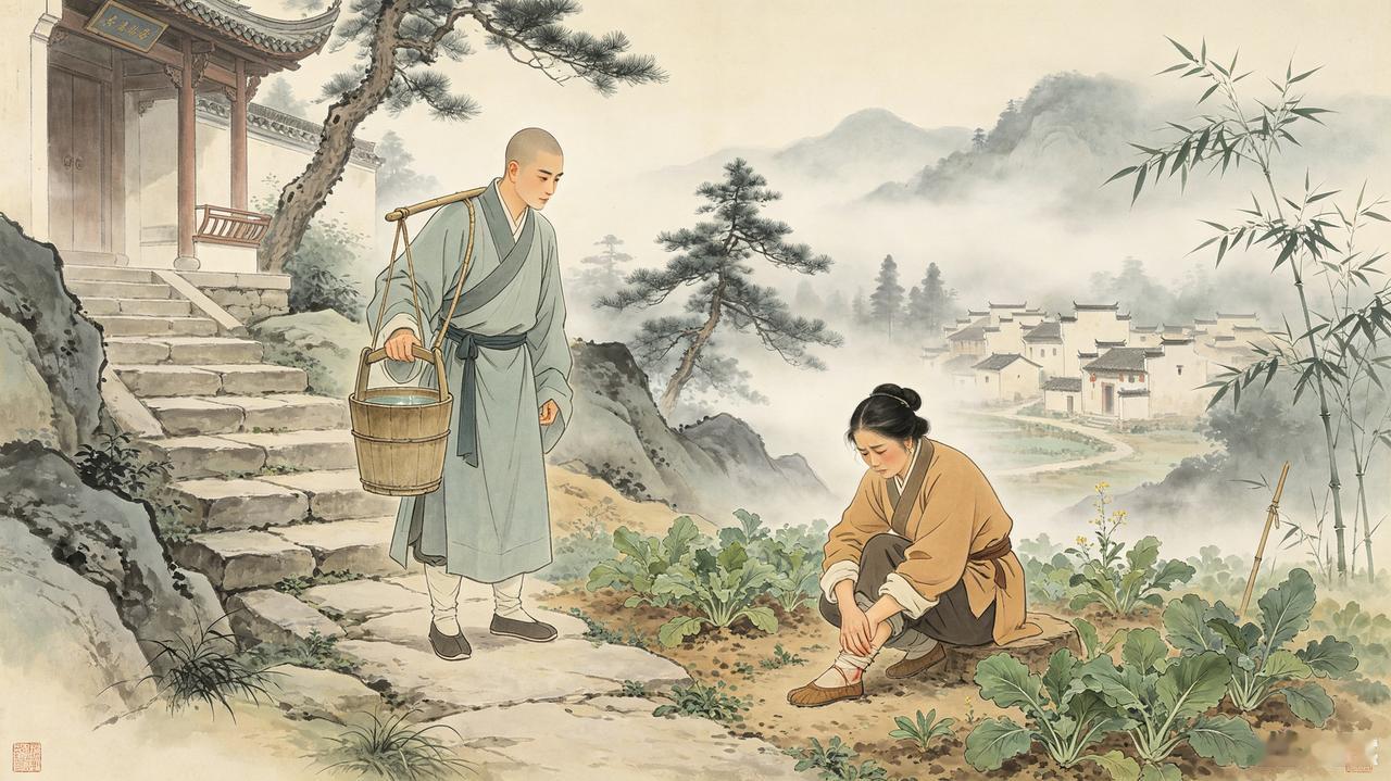 成化年间，徽州有座福田寺，寺中和尚明性一日下山挑水，路遇农妇陈氏采野菜时扭伤了脚