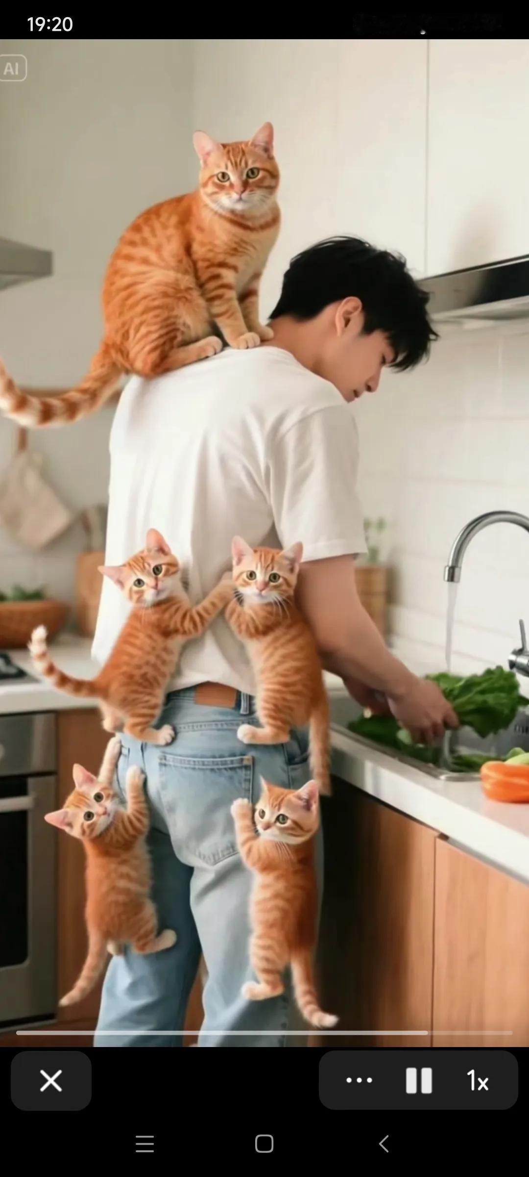 乍一看，吓我一跳！这猫哥肩上蹲着一个猫，身上挂着4个猫，这是不是摆拍？如果不是，