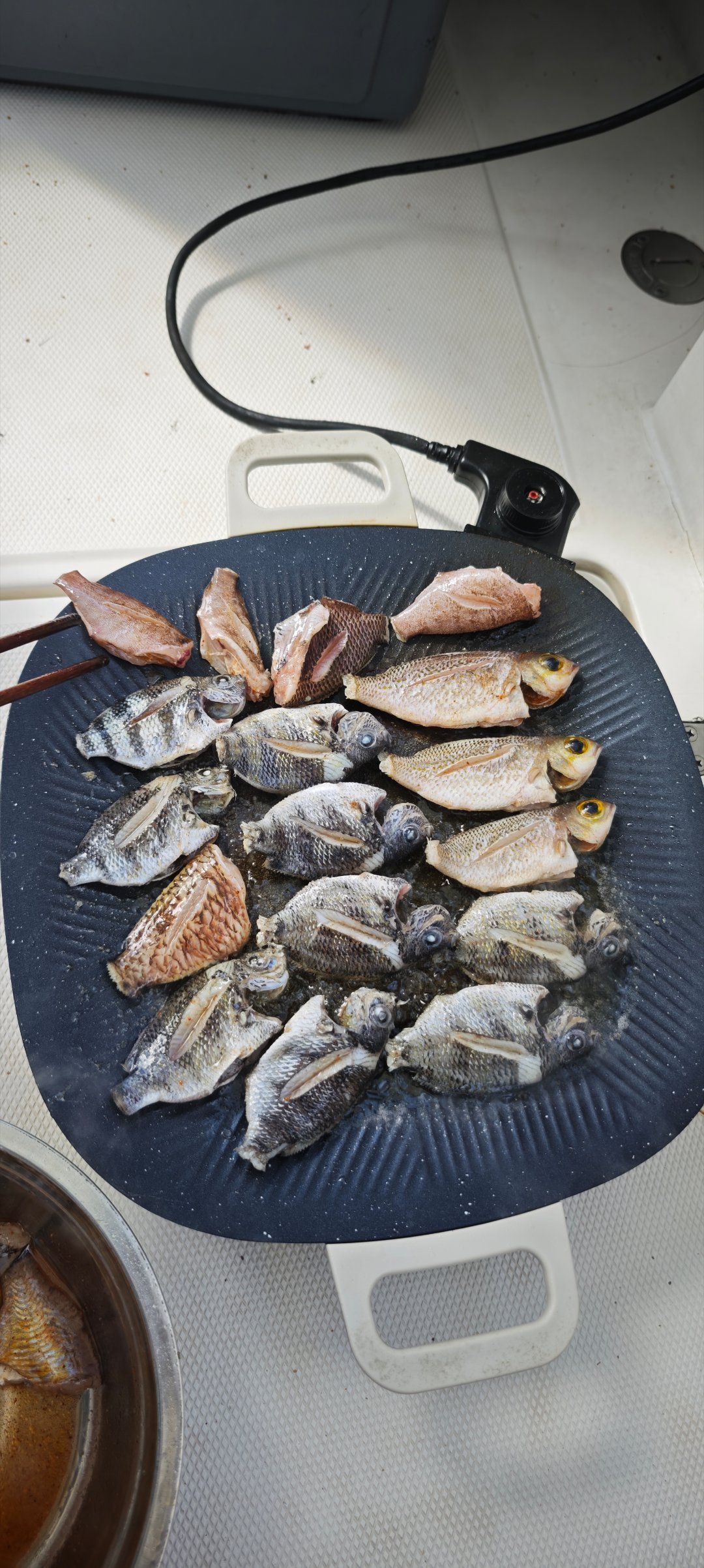 今天在三亚钓研，暂时已经钓了十条鱼，休息一下，等会再钓。船长把我们钓来的鱼当场香