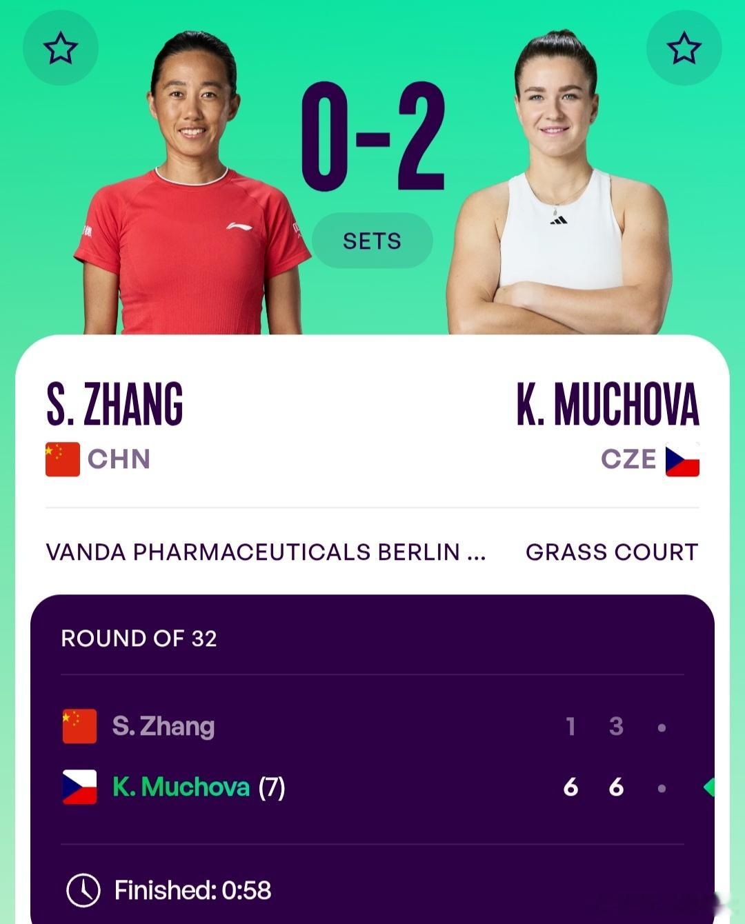 WTA500柏林站🇩🇪女单第1轮资格赛晋级的张帅🇨🇳1-6/3-6不敌7