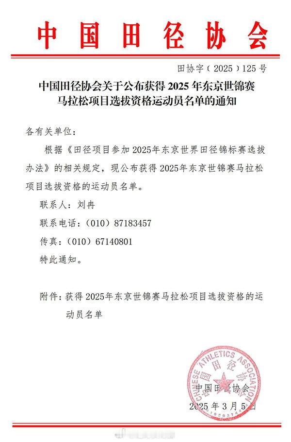 中国田径协会关于公布获得2025年东京世锦赛马拉松项目选拔资格运动员名单的通知，