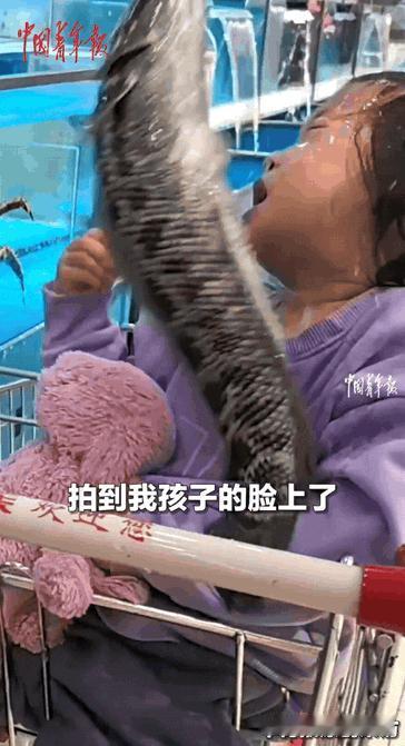 “笑不活了！”10月11日河南，宝宝在超市水产区看鱼，突然一条大黑鱼跳出水缸，